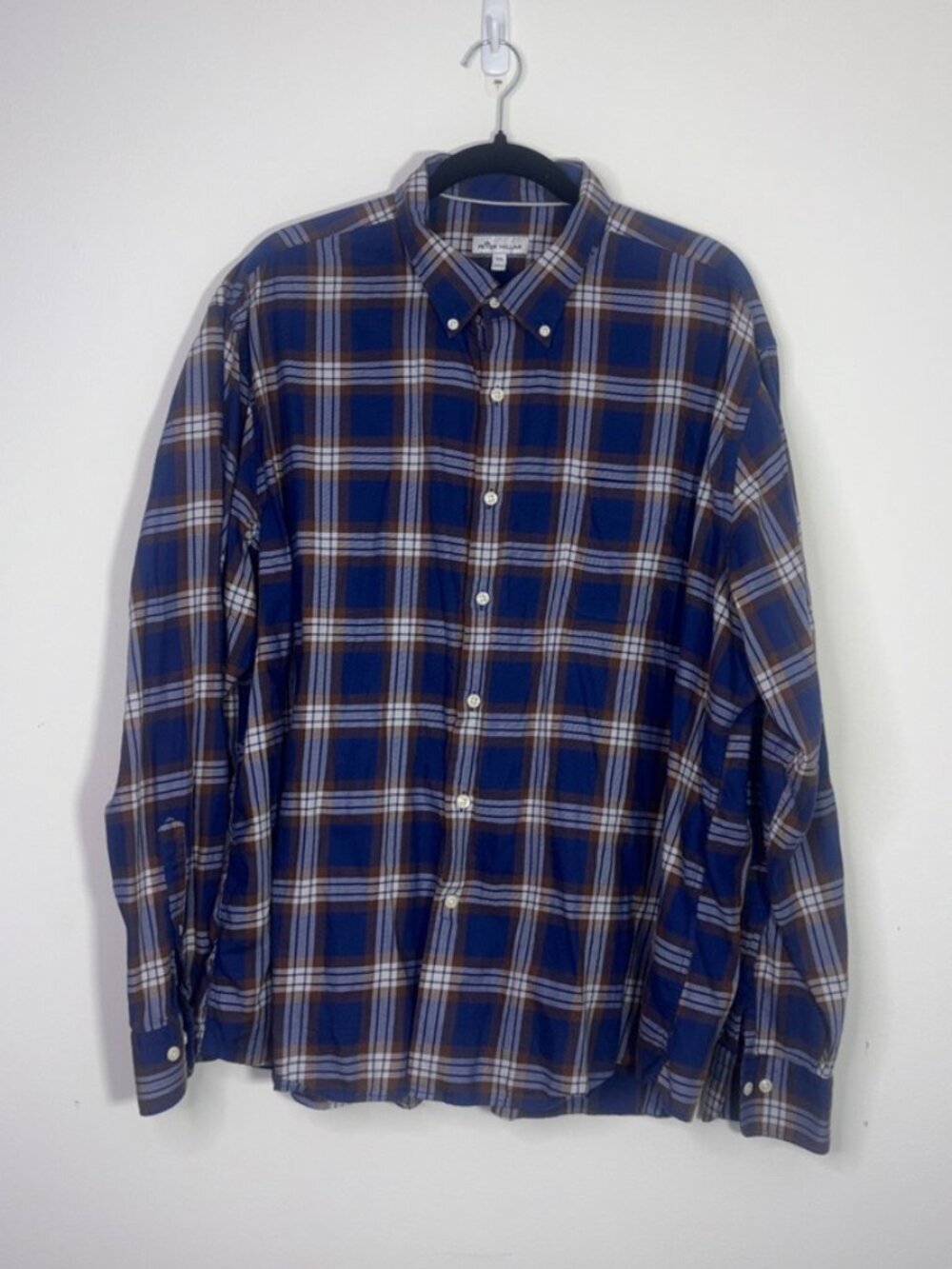 Men's Peter Millar XXL Long Sleeve Blue Plaid Collared Button Down Cotton Navy